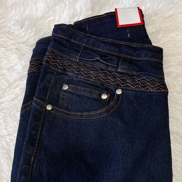 MINERVA CLOTHING Women's Jeans Sz 9 Navy 3 Pockets Stretch Embroidery Rhinestone - Picture 10 of 13